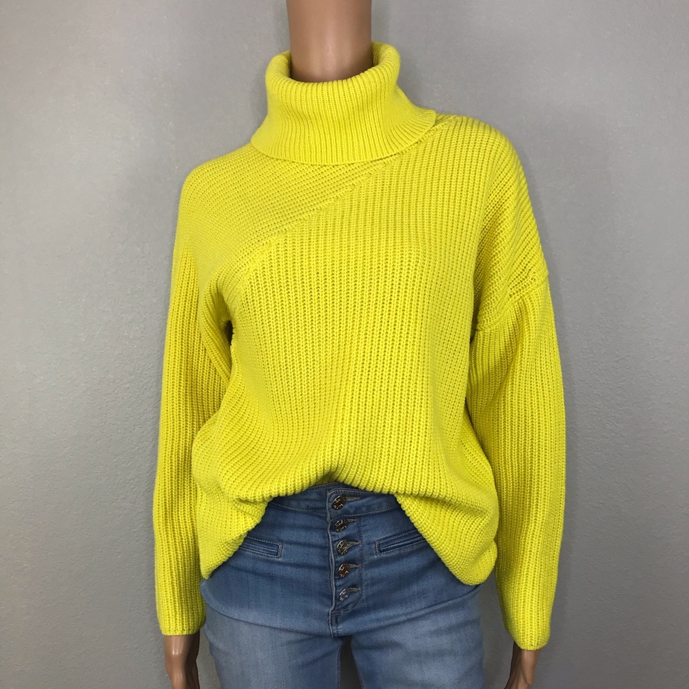 Neon yellow turtleneck ribbed knit sweater
